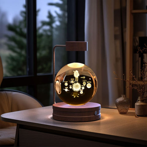 Crystal Ball Cosmic Dinosaur Night Light - USB Powered Warm Bedside Lamp Perfect Birthday Gift - Astronauts / Dark wood