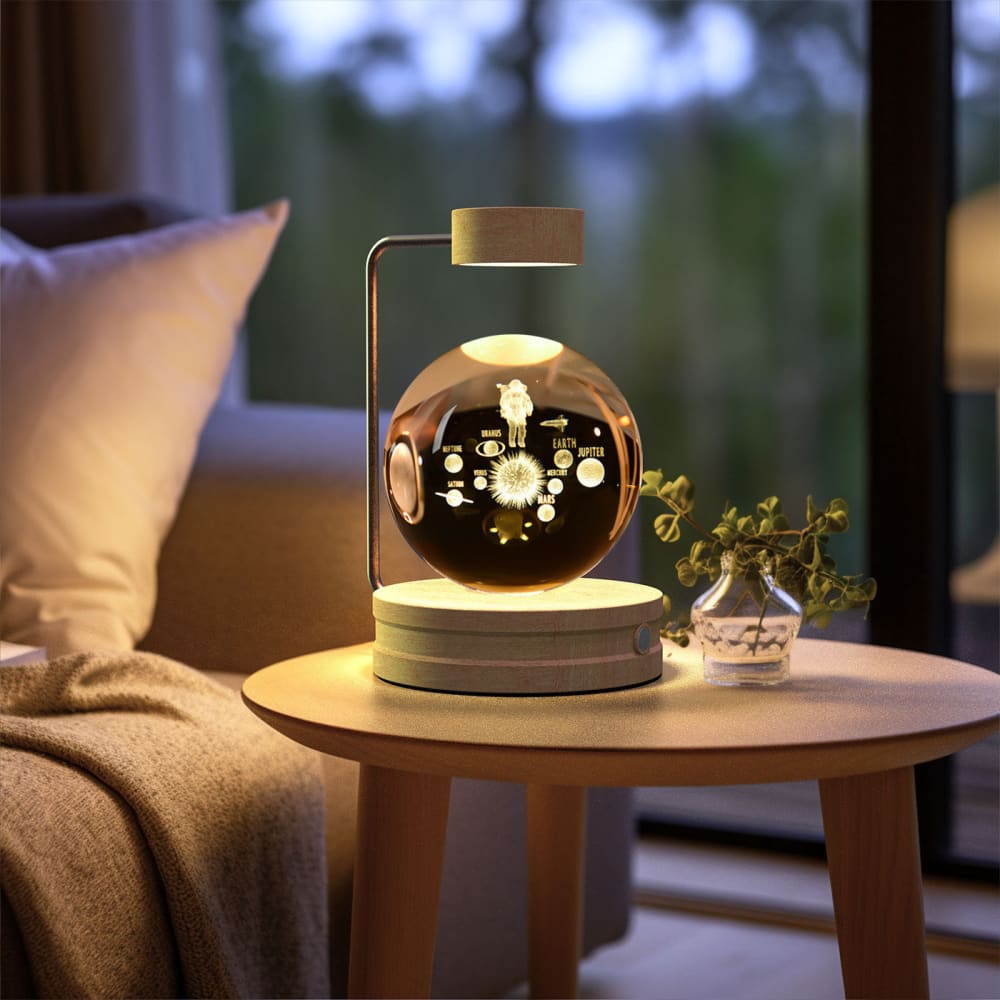 Crystal Ball Cosmic Dinosaur Night Light - USB Powered Warm Bedside Lamp Perfect Birthday Gift - Astronauts / Light wood