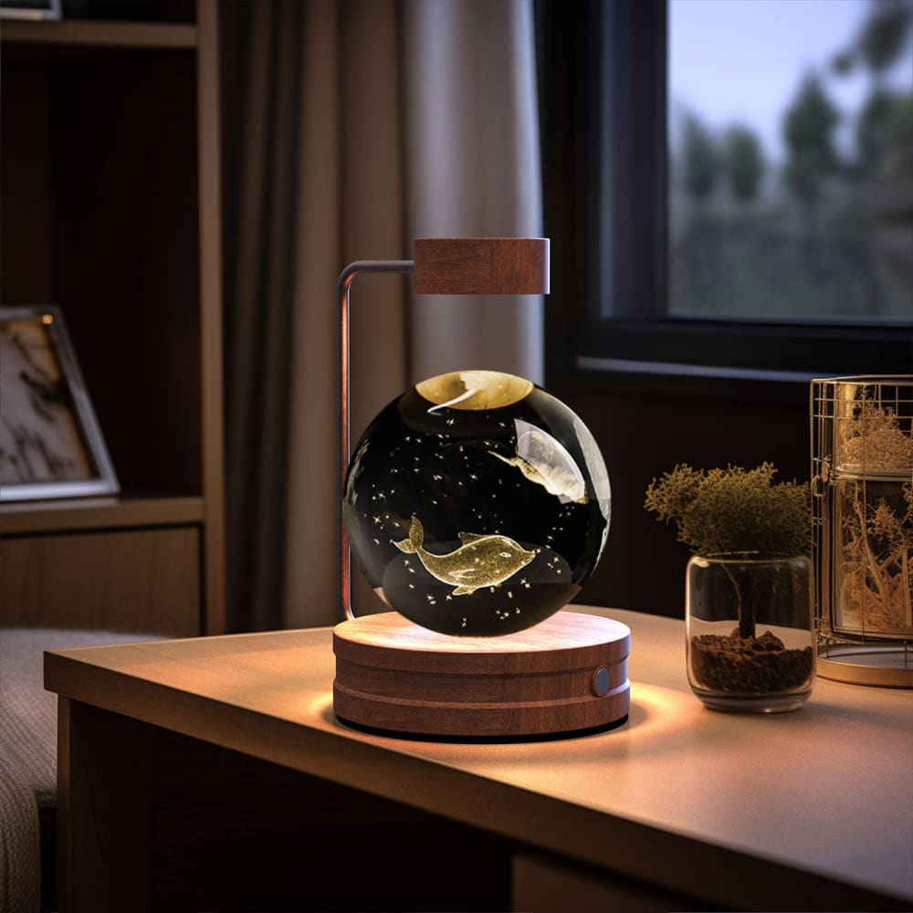 Crystal Ball Cosmic Dinosaur Night Light - USB Powered Warm Bedside Lamp Perfect Birthday Gift - Spiritual Dolphins