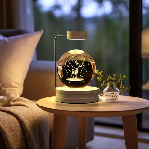 Crystal Ball Cosmic Dinosaur Night Light - USB Powered Warm Bedside Lamp Perfect Birthday Gift - Elk deer / Light wood