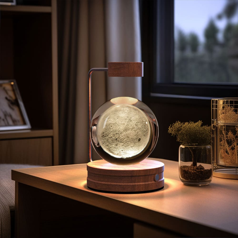 Crystal Ball Cosmic Dinosaur Night Light - USB Powered Warm Bedside Lamp Perfect Birthday Gift - Moon / Dark wood