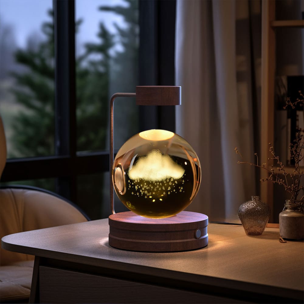 Crystal Ball Cosmic Dinosaur Night Light - USB Powered Warm Bedside Lamp Perfect Birthday Gift - Rainy Clouds / Dark