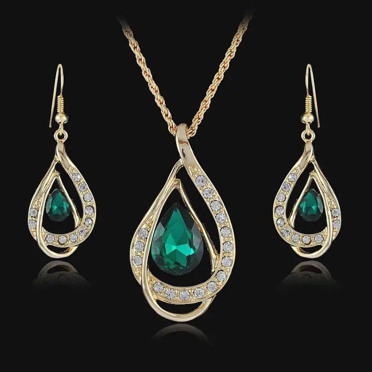 Crystal Necklace Earrings Set - Green