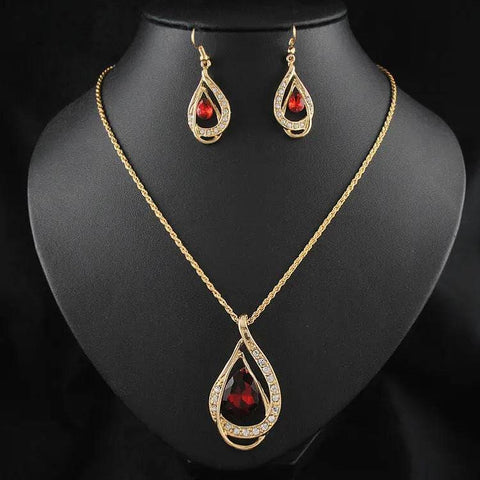 Crystal Necklace Earrings Set - Red