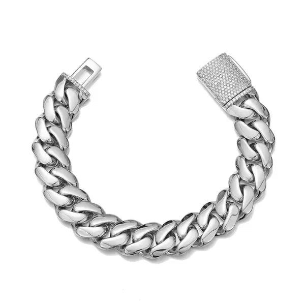 Cuban Miami Link Rhombus Bracelet Stainless Steel Bling Rapper Style - silver / 7inches / 18mm wide
