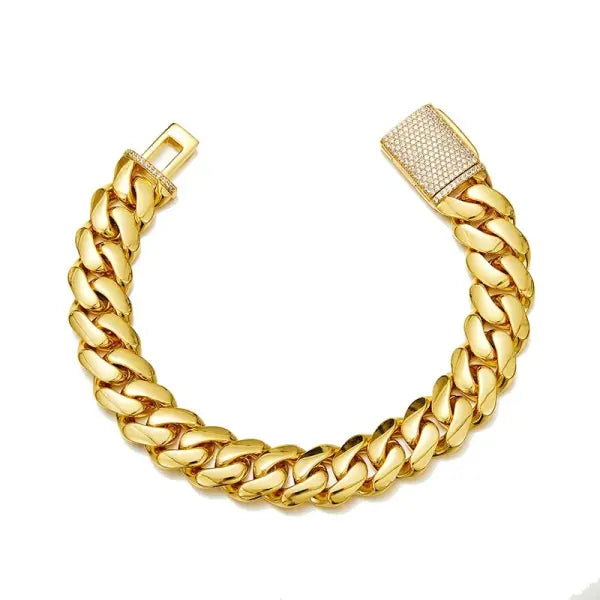 Cuban Miami Link Rhombus Bracelet Stainless Steel Bling Rapper Style - gold / 9inches / 18mm wide