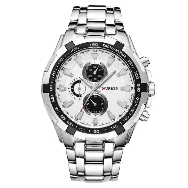 Quartz Watch Men Stainless Steel Waterproof Military Business - Silver White