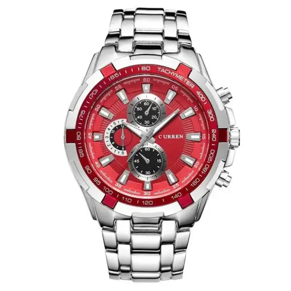 Quartz Watch Men Stainless Steel Waterproof Military Business - Silver Red