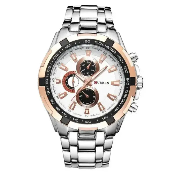 Quartz Watch Men Stainless Steel Waterproof Military Business - Silver Golden White
