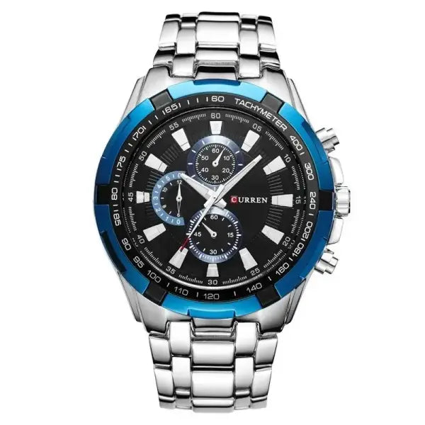 Quartz Watch Men Stainless Steel Waterproof Military Business - Silver Blue