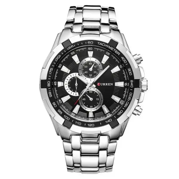 Quartz Watch Men Stainless Steel Waterproof Military Business - Silver Black