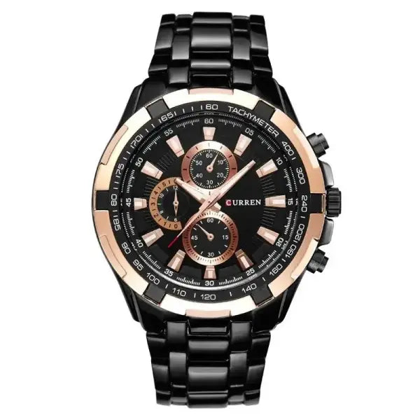 Quartz Watch Men Stainless Steel Waterproof Military Business - Black Golden