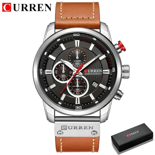 Leather Band Quartz Chronograph Casual Wristwatch - silver black