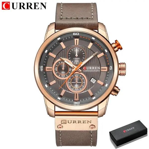Leather Band Quartz Chronograph Casual Wristwatch - rose gray box