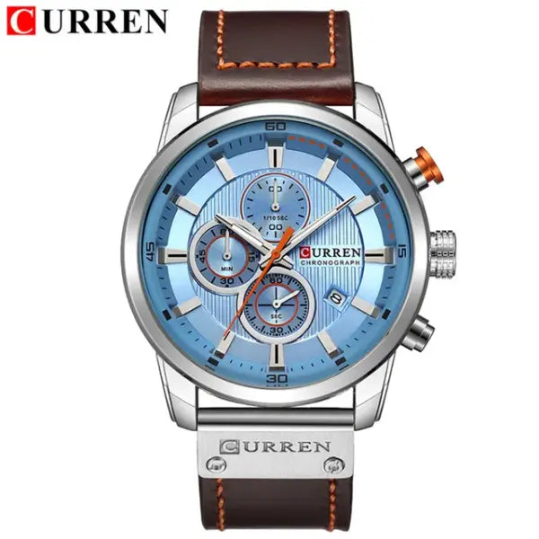 Leather Band Quartz Chronograph Casual Wristwatch - silver blue