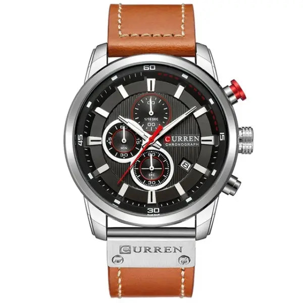 Leather Band Quartz Chronograph Casual Wristwatch - silver black box