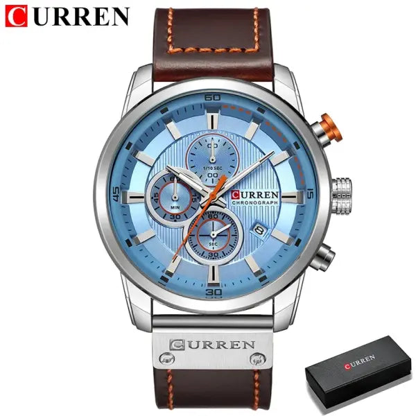 Leather Band Quartz Chronograph Casual Wristwatch - silver blue box