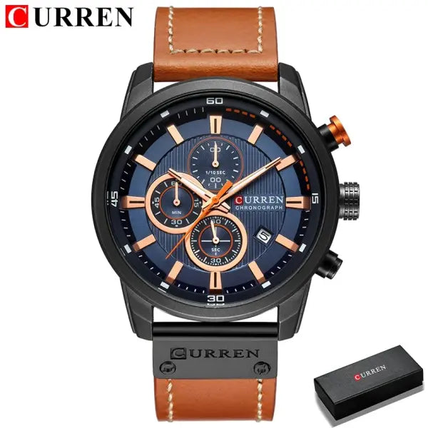 Leather Band Quartz Chronograph Casual Wristwatch - black blue box
