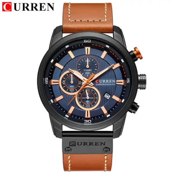 Leather Band Quartz Chronograph Casual Wristwatch - black blue