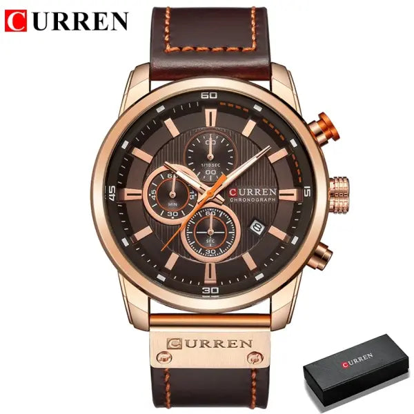 Leather Band Quartz Chronograph Casual Wristwatch - rose coffee box
