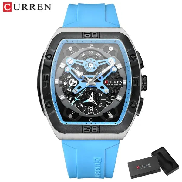 CURREN Brand Quartz Wristwatches Silicone Luminous Hands Casual Style - sky blue box