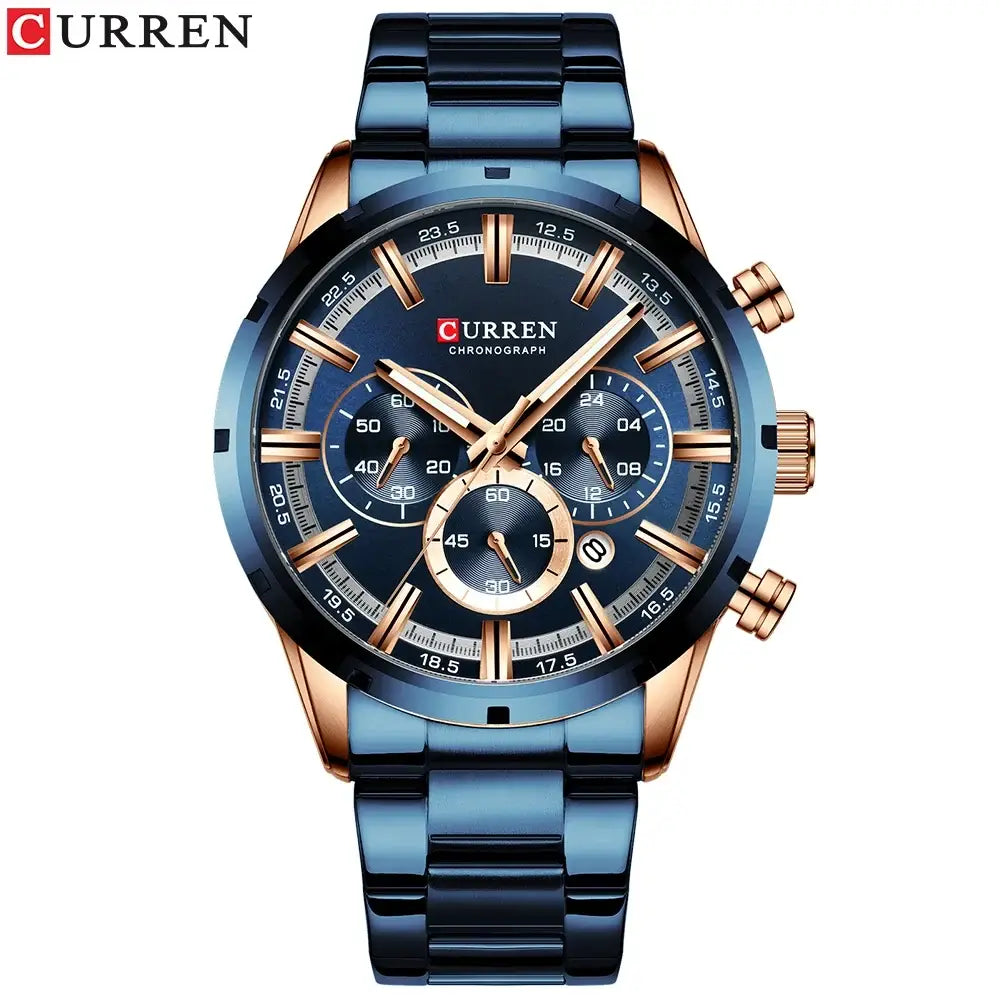 Curren chronograph watch with blue dial, rose gold-tone markers, and stainless steel band for business wear