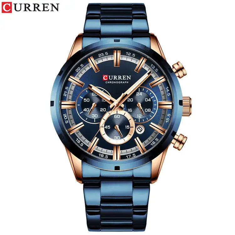 Curren stainless steel band watch with blue dial and rose gold-tone case for business wear with three subdials