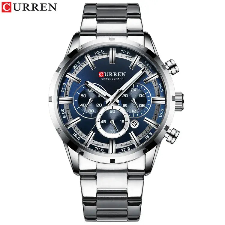 Silver-toned Curren chronograph watch with blue dial and stainless steel band for business wear