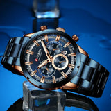 Black and rose gold curren chronograph watch with blue dial and stainless steel band for business wear