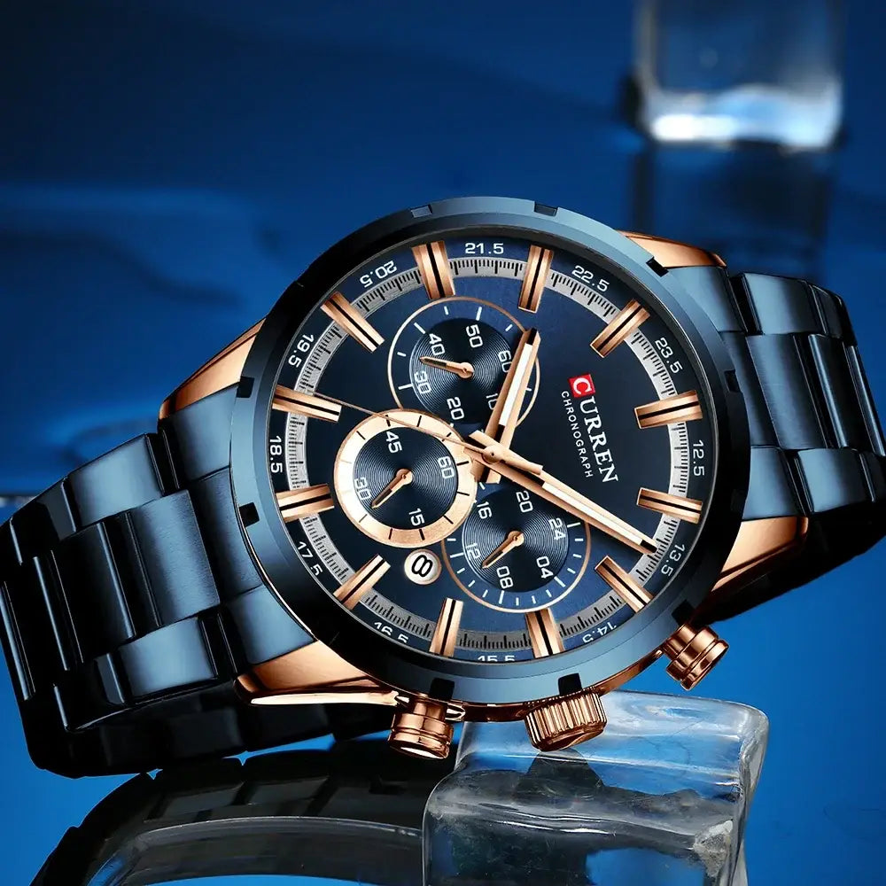 Curren chronograph watch with black dial, rose gold bezel and crown, and stainless steel band for business wear