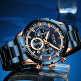 Curren chronograph watch with black dial, rose gold bezel and crown, and stainless steel band for business wear