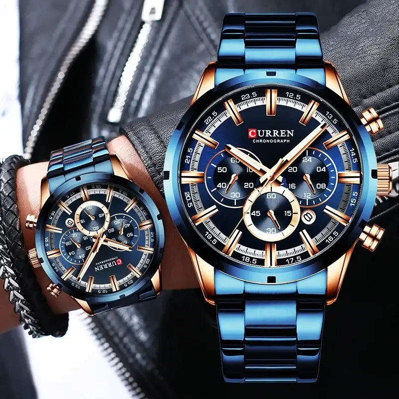 Blue dial curren chronograph watch with stainless steel band in gold and blue for business wear