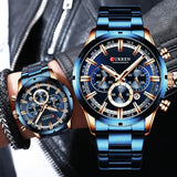 Blue dial curren chronograph watch with stainless steel band in gold and blue for business wear