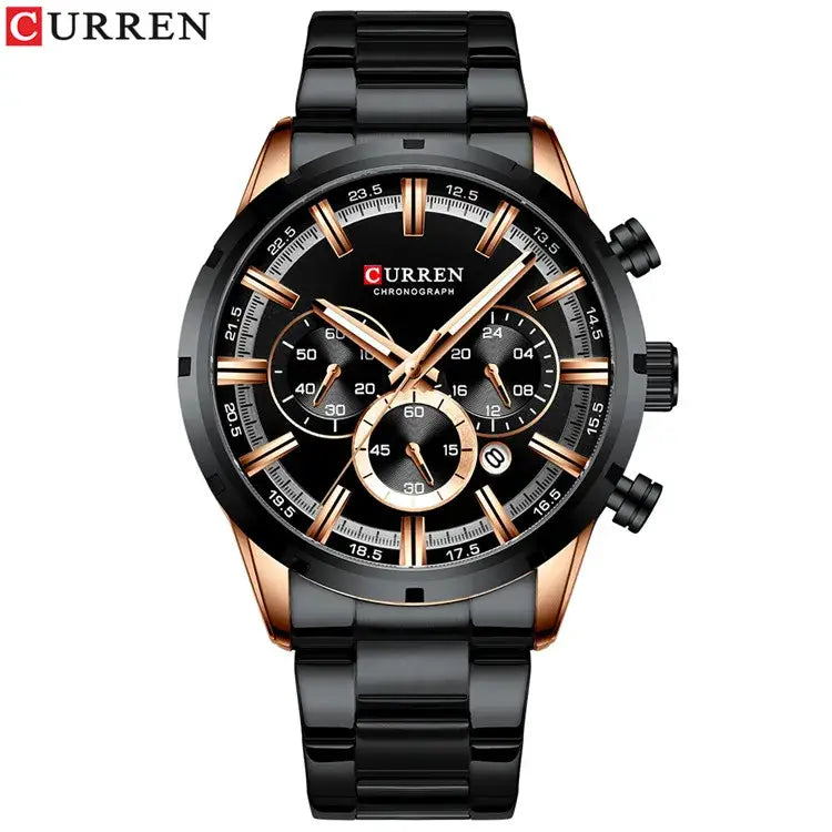 Black and rose gold Curren chronograph watch with stainless steel band and blue dial for elegant business wear