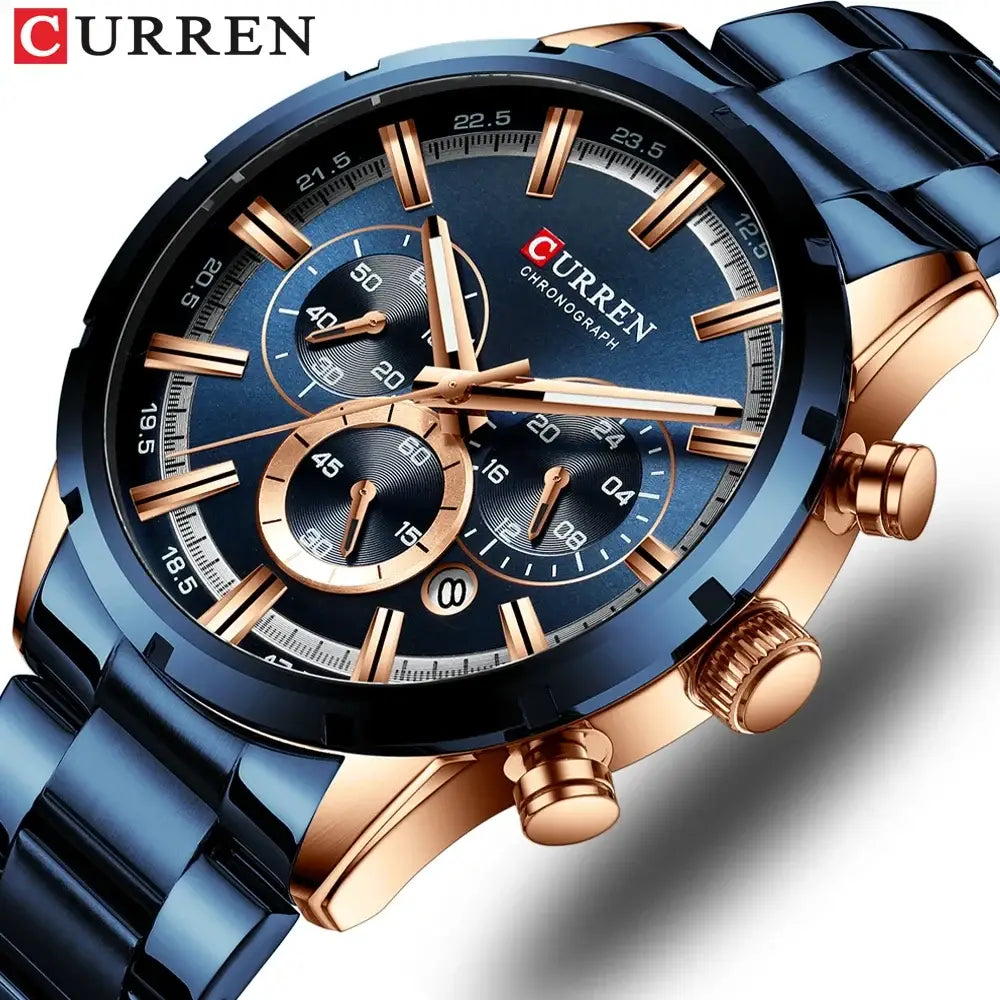 Stainless steel band Curren watch with blue dial and rose gold hands for elegant business wear