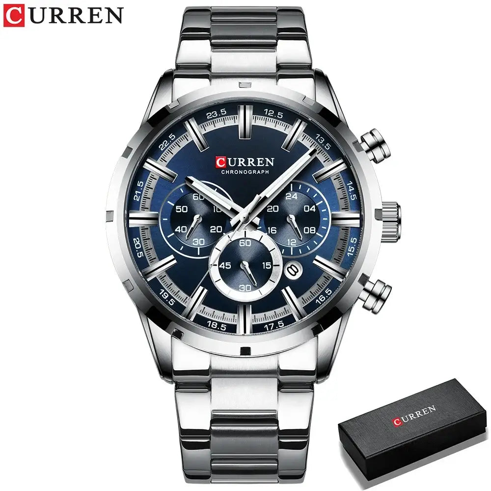 Silver-toned Curren chronograph watch with blue dial and stainless steel band for business wear