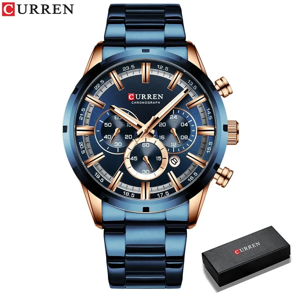Curren chronograph watch with stainless steel band and blue dial featuring rose gold-tone case for business wear