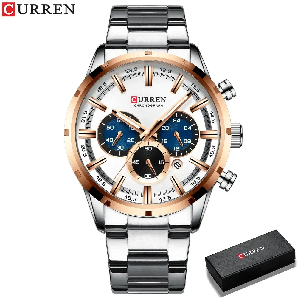 Silver and rose gold tone curren chronograph watch with blue dial and stainless steel band for business wear