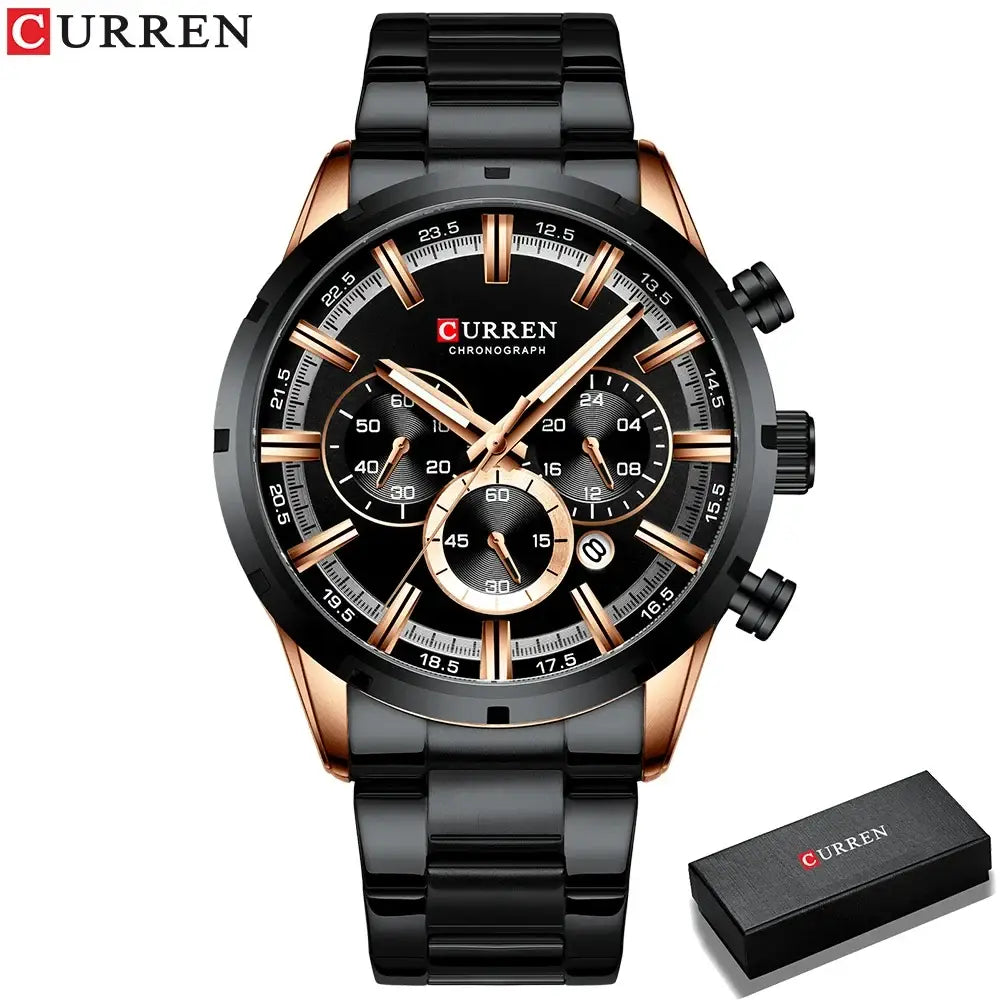 Black and rose gold curren chronograph watch with black dial and stainless steel band for business wear