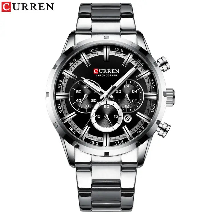 Silver-toned stainless steel band curren chronograph watch with black dial and silver-tone hands for business wear