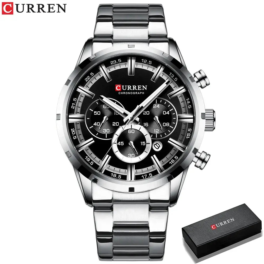 Silver-toned curren chronograph watch with black dial and stainless steel band for business wear