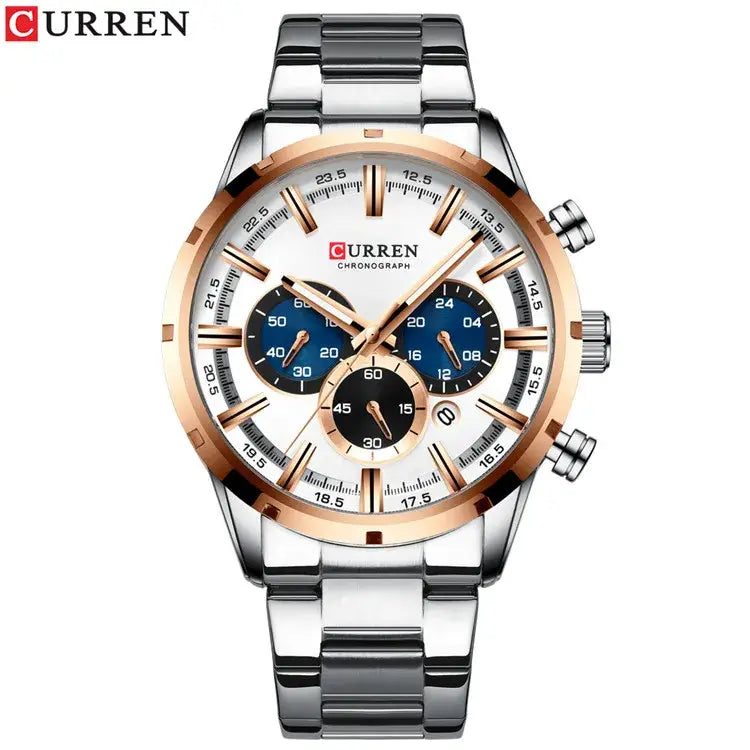 Curren chronograph watch with stainless steel band, rose gold bezel, and blue dial for business wear
