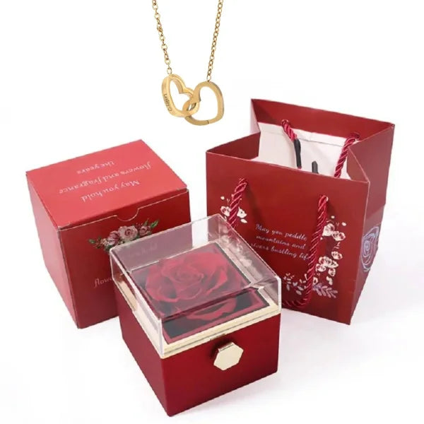 Custom Heart Necklace – Personalized Name Pendant with Rotating Rose Box - Gold color rose box / Engraving