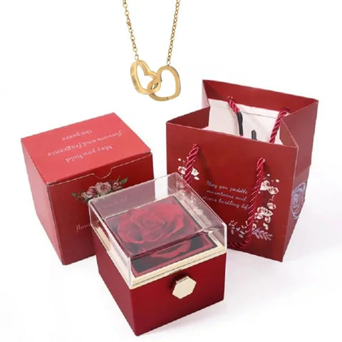 Custom Heart Necklace – Personalized Name Pendant with Rotating Rose Box - Gold color rose box / Engraving