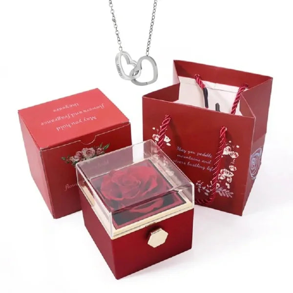 Custom Heart Necklace – Personalized Name Pendant with Rotating Rose Box - Steel color rose box / Engraving