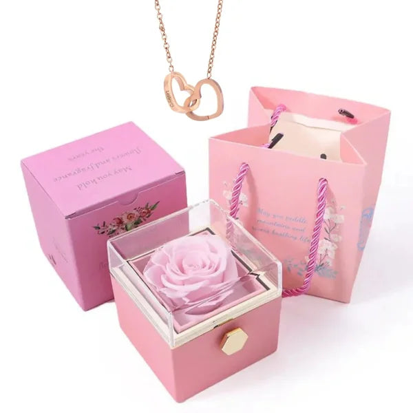 Custom Heart Necklace – Personalized Name Pendant with Rotating Rose Box - Rose gold rose box / Engraving