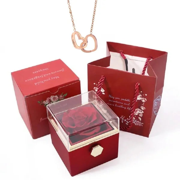 Custom Heart Necklace – Personalized Name Pendant with Rotating Rose Box - Rose gold rose box 1 / Engraving