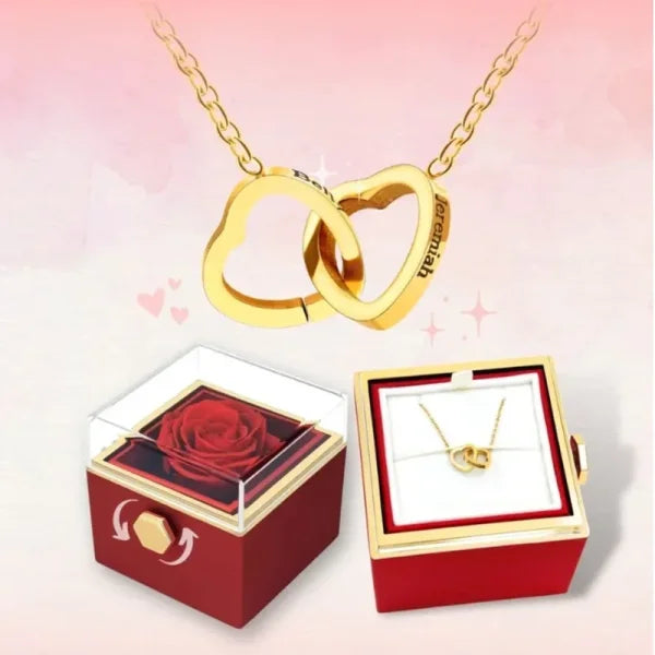 Custom Heart Necklace – Personalized Name Pendant with Rotating Rose Box