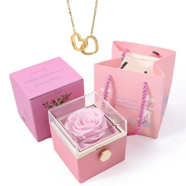 Custom Heart Necklace – Personalized Name Pendant with Rotating Rose Box - Gold color rose box 1 / Engraving