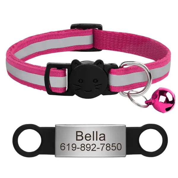 Custom Reflective Cat Collar with Engraved ID Tag Anti-Lost Kitten Necklace with Bell - Rose 88 / 20-33cm